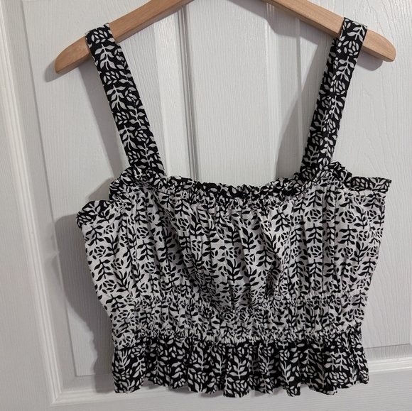 Loft Ann Taylor Womens Top Black White Crop Tank Sleeveless Cinched Waist Large - Picture 1 of 4